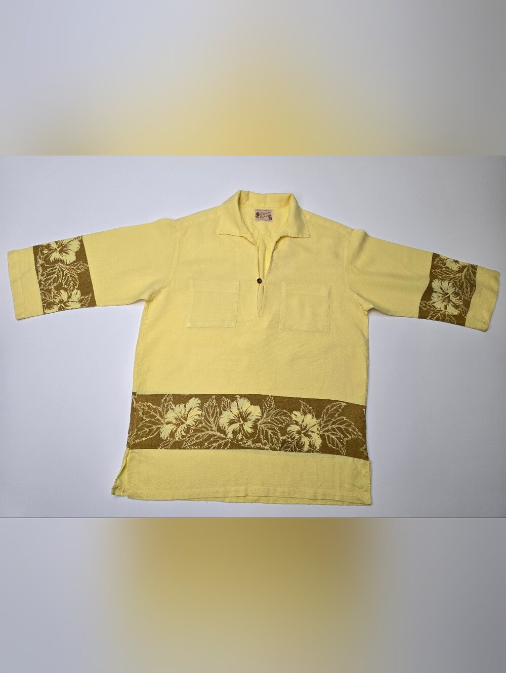 Vtg MCM 1960s Polynesian Bazaar Hawaiian Shirt Mens S/M Yellow Hibiscus Pull Ove